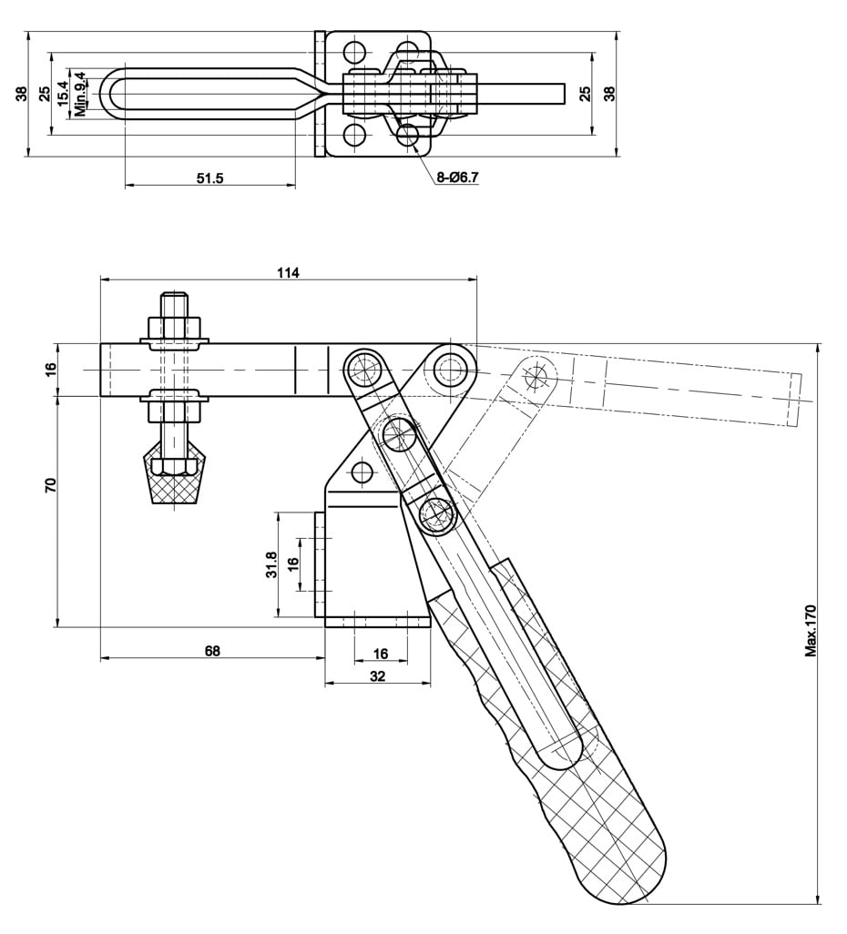 DST-20820 DST Technical Drawing Horizontal toggle clamp with angle base and open clamping arm