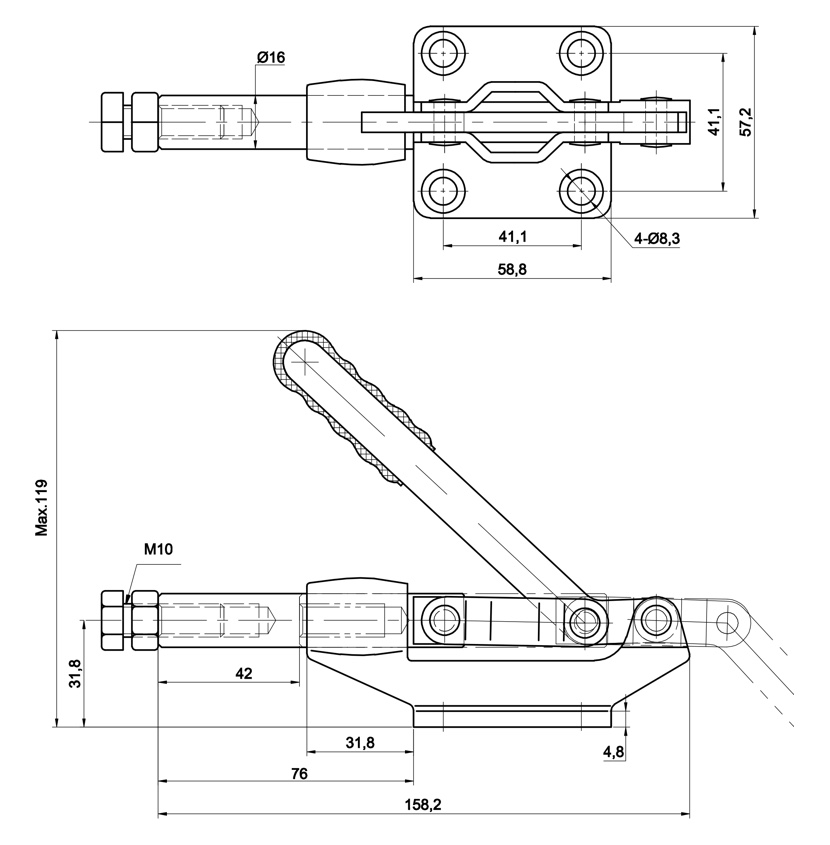 DST-305-EML Technical Drawing Push-Pull acting toggle clamp - cast body and long-handle