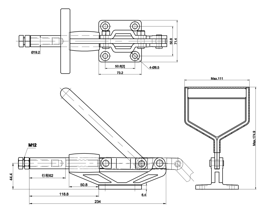 DST-304-HMY Technical Drawing Push-Pull acting toggle clamp - cast body and one-handed-grip