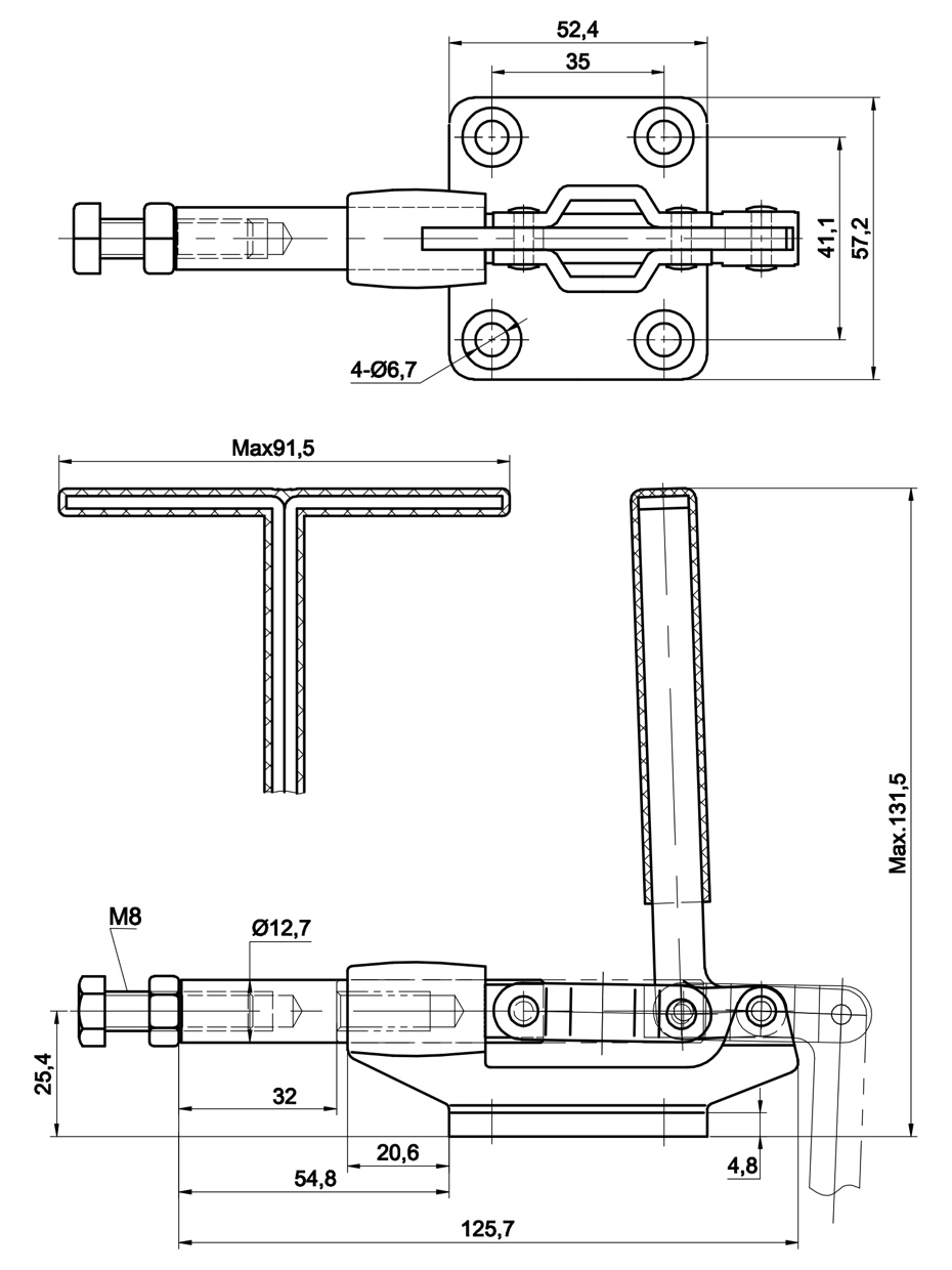 DST-305-CMT Technical Drawing Push-Pull acting toggle clamp - cast body and T-handle