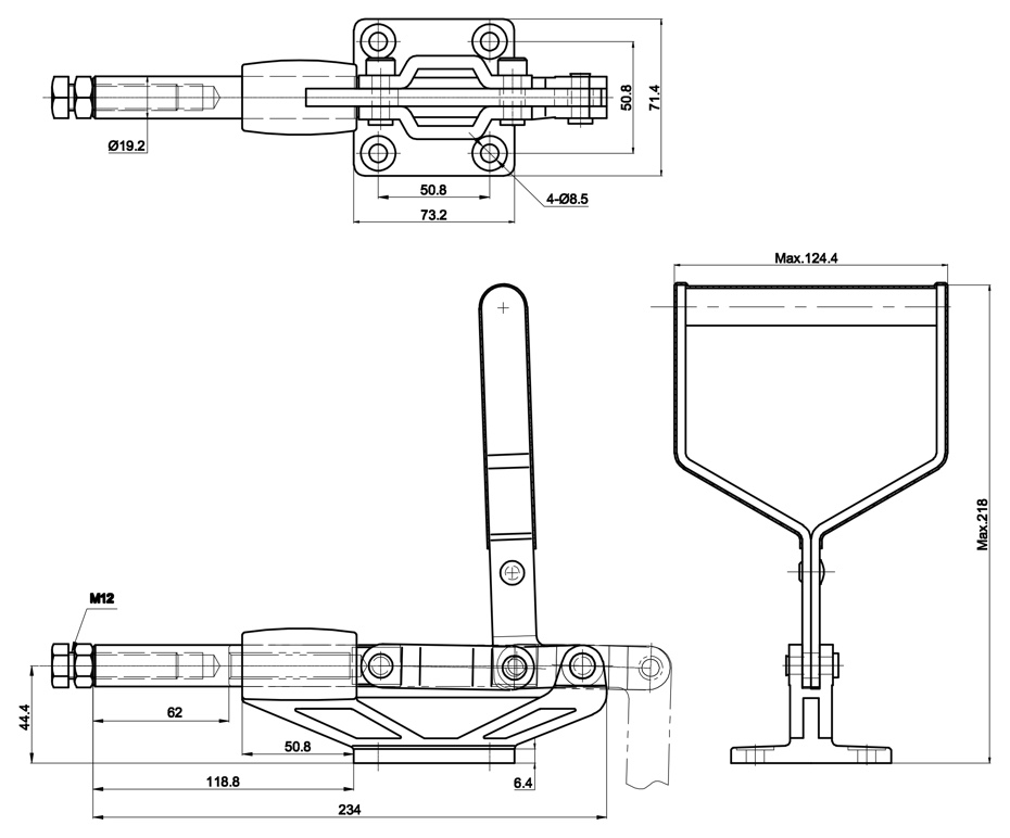 DST-305-HMY Technical Drawing Push-Pull acting toggle clamp - cast body and one-handed-grip