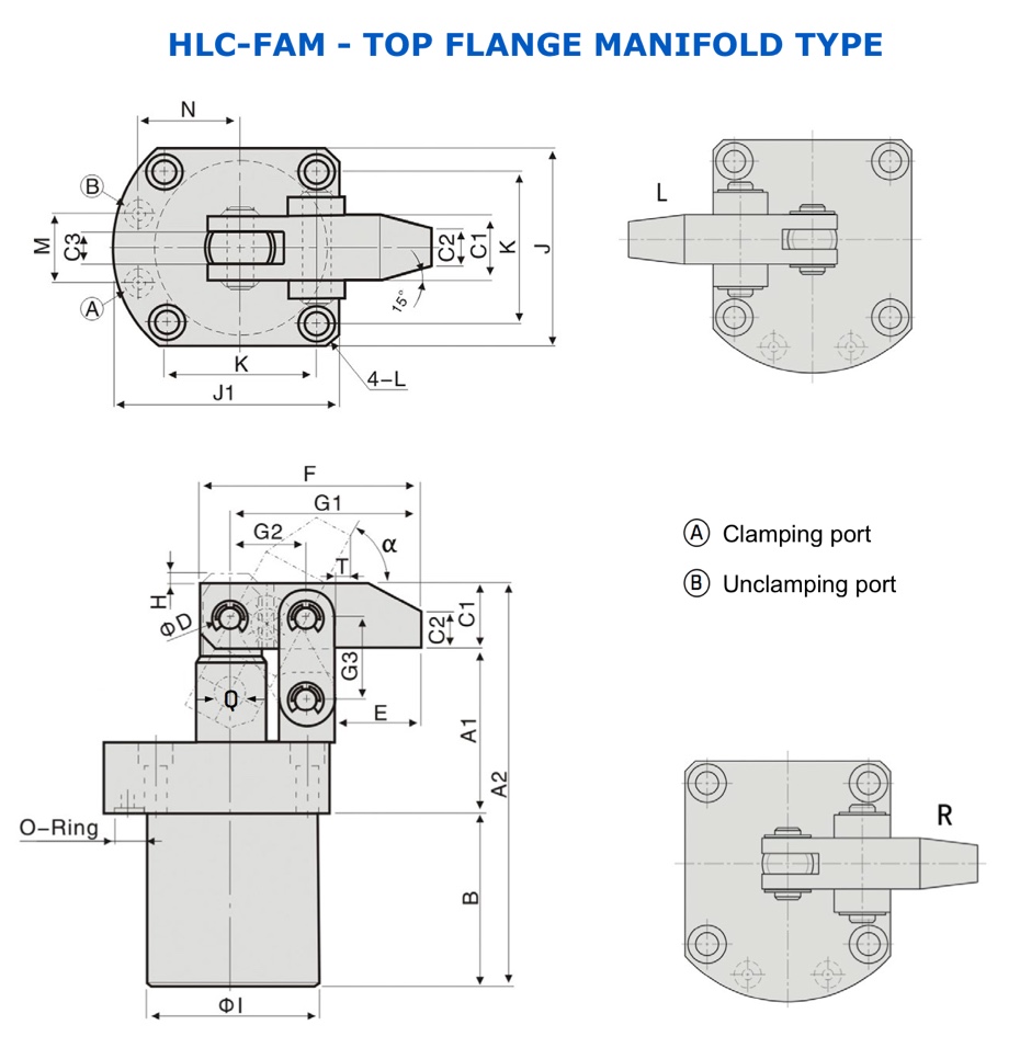 HLC -FAM Hydraulic Link Clamp Top Flange with Manifold Type Technical Drawing