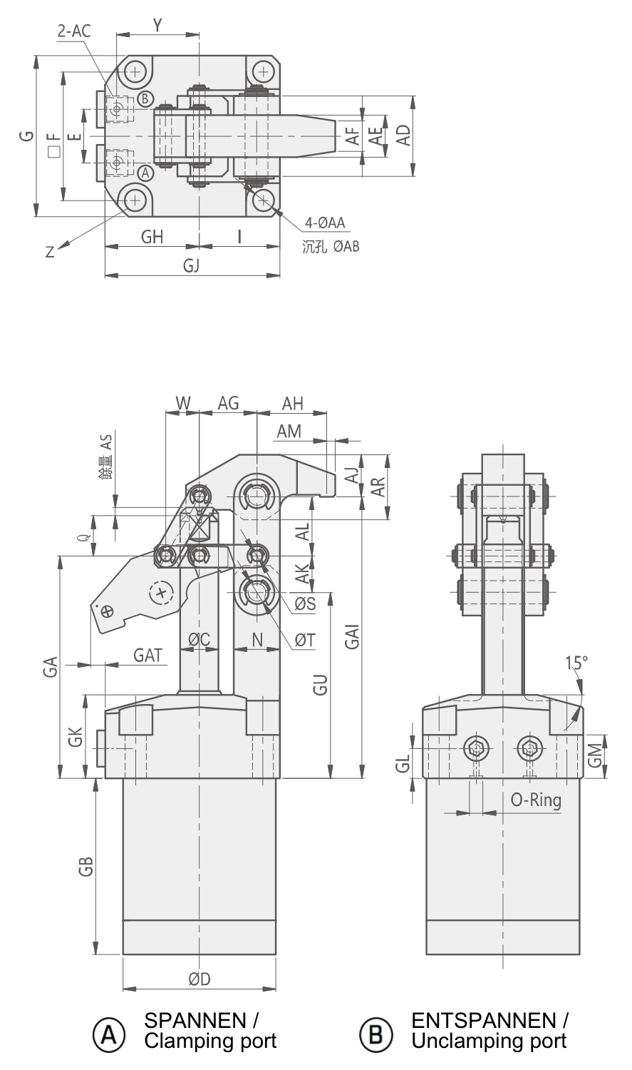 HLS Tecnical Drawing O-Ring Type Hydraulic Link Clamp