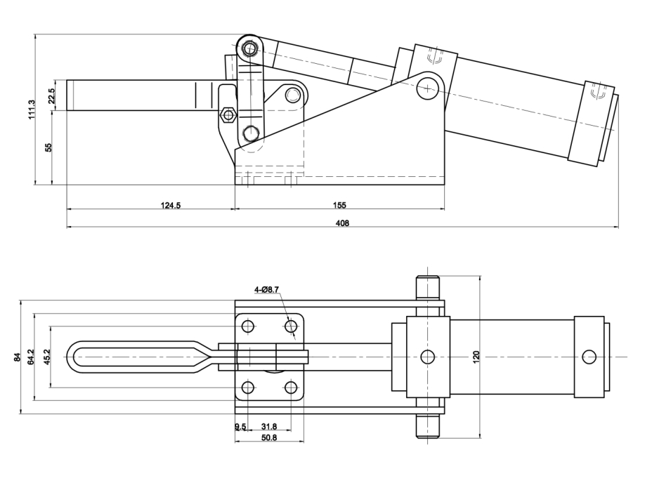 DST-10247-A Drawing/Dimension table Pneumatic toggle clamp, horizontal 4500N