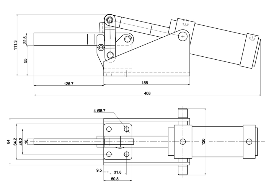 DST-10249-A Drawing/Dimension table Pneumatic toggle clamp, horizontal 4500N
