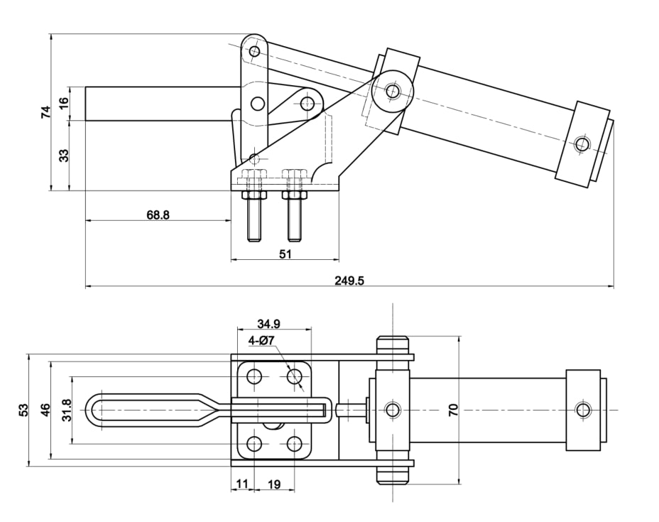 DST-12130-A Drawing/Dimension table Pneumatic toggle clamp, horizontal 2270N