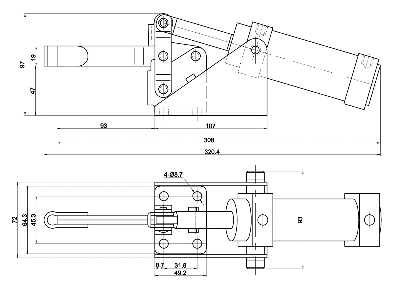 DST-12275-A Drawing/Dimension table Pneumatic toggle clamp, horizontal 3400N