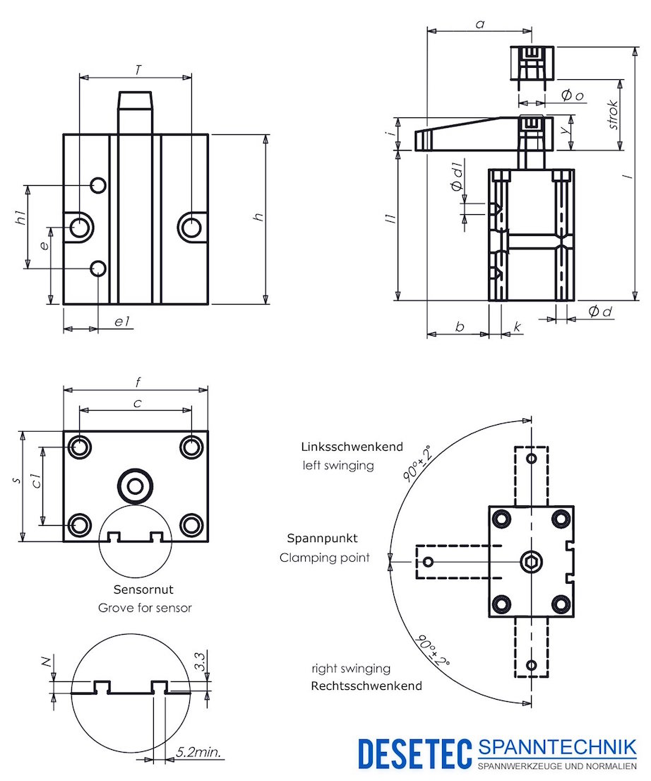P20 Technical Drawing Swing clamp, pneumatic, block version