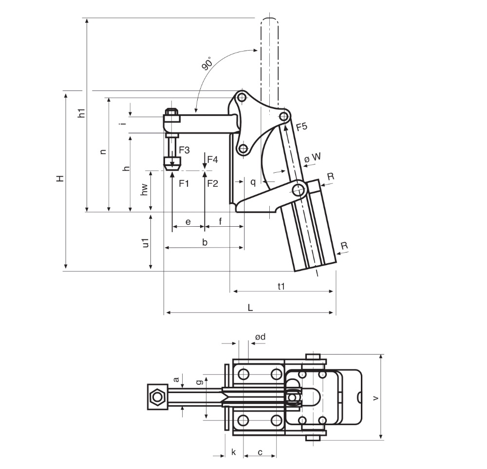 P50 Drawing Pneumatic toggle clamps, vertical attached cylinder