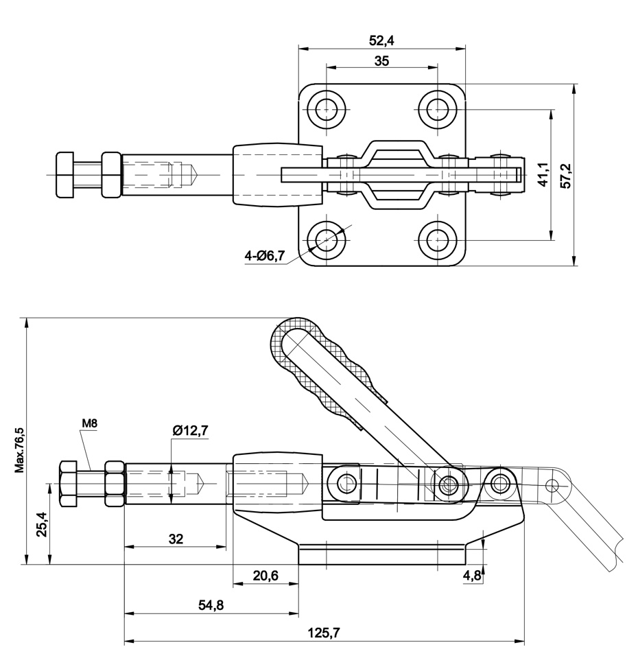 DST-304-CM Technische Zeichnung Schubstangenspanner mit Gusskörper 2270N