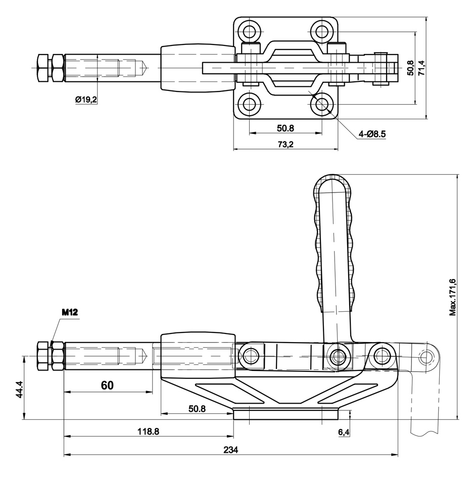 DST-305-HM Technische Zeichnung Schubstangenspanner mit Gusskörper, 60mm Hub, 6800N