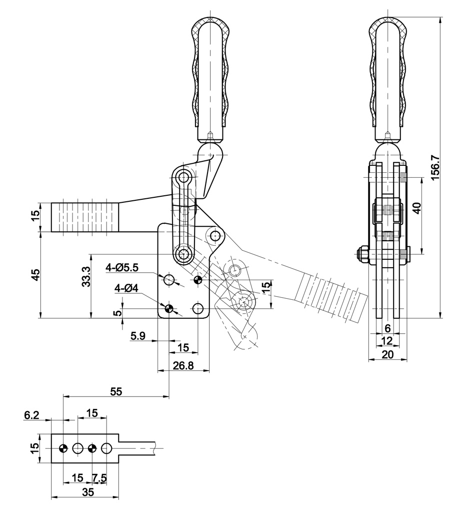 CH-70200A Technische Zeichnung Schnellspanner vertikal schwere Ausführung mit senkrechtem Fuss 2500N