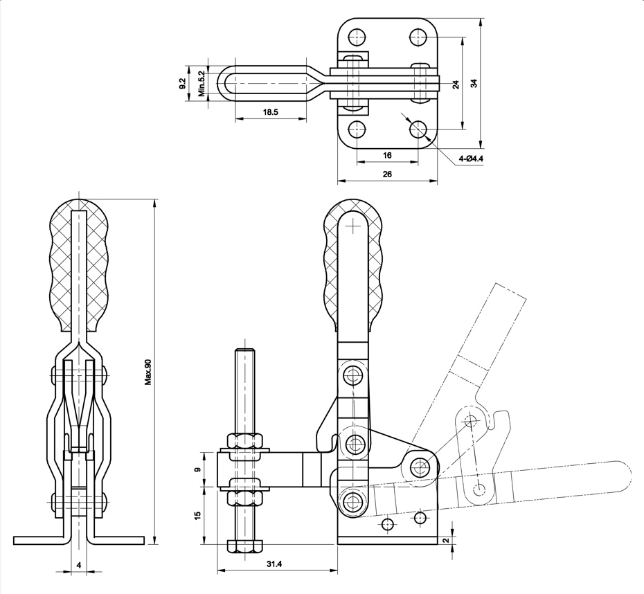 DST-10752-BSS Technische Zeichnung Senkrechtspanner-Vertikalspanner mit waagrechtem Fuss EDELSTAHL 800N