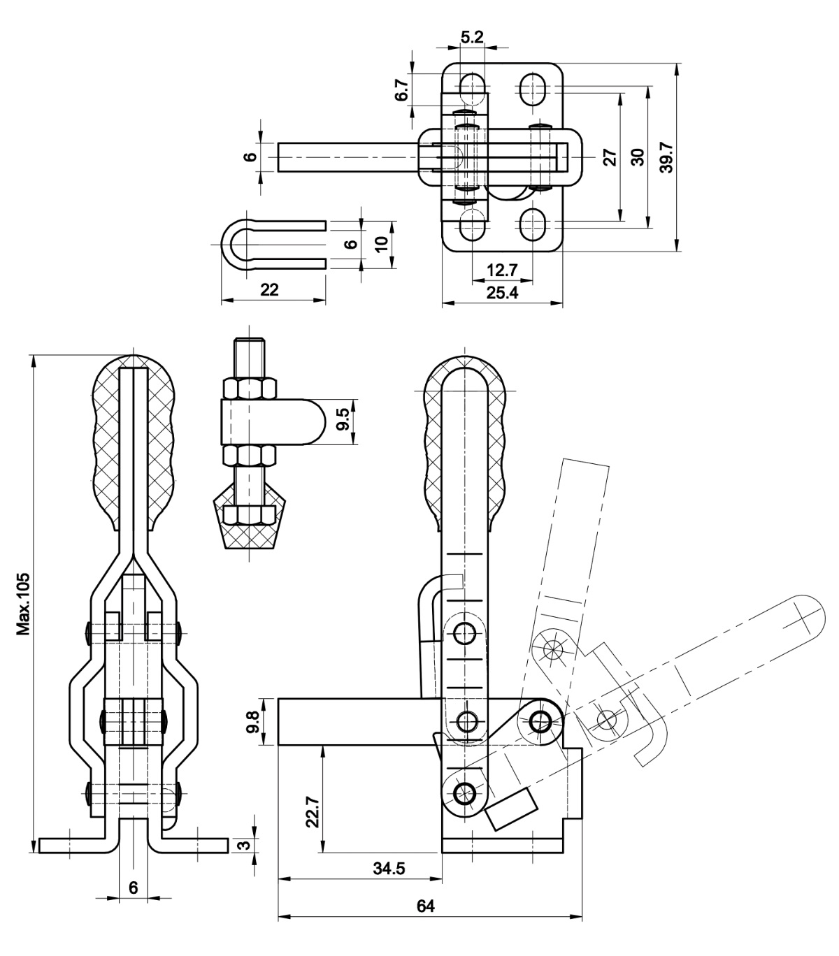 DST-12060 Technische Zeichnung Senkrechtspanner Vertikalspanner waagrechter Fuss 910N