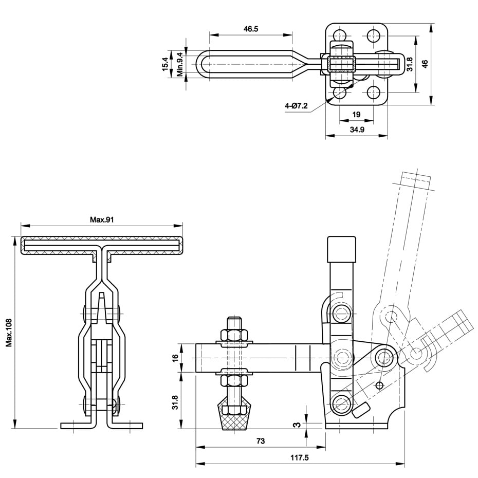 DST-12131 Datasheet DST-12131 Vertical acting toggle clamp with horizontal mounting base, T-Handle 2270N