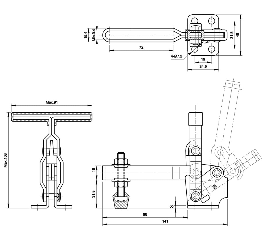DST-12133 Datasheet DST-12133 Vertical acting toggle clamp with horizontal mounting base, T-Handle U-bar 2270N