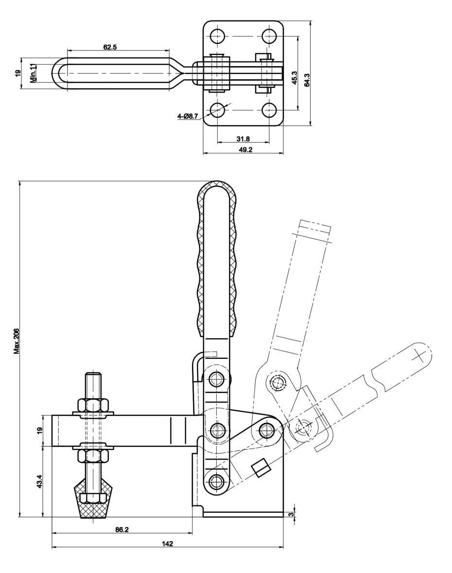 DST-12265 Datasheet Vertical acting toggle clamp with horizontal mounting base 3400N