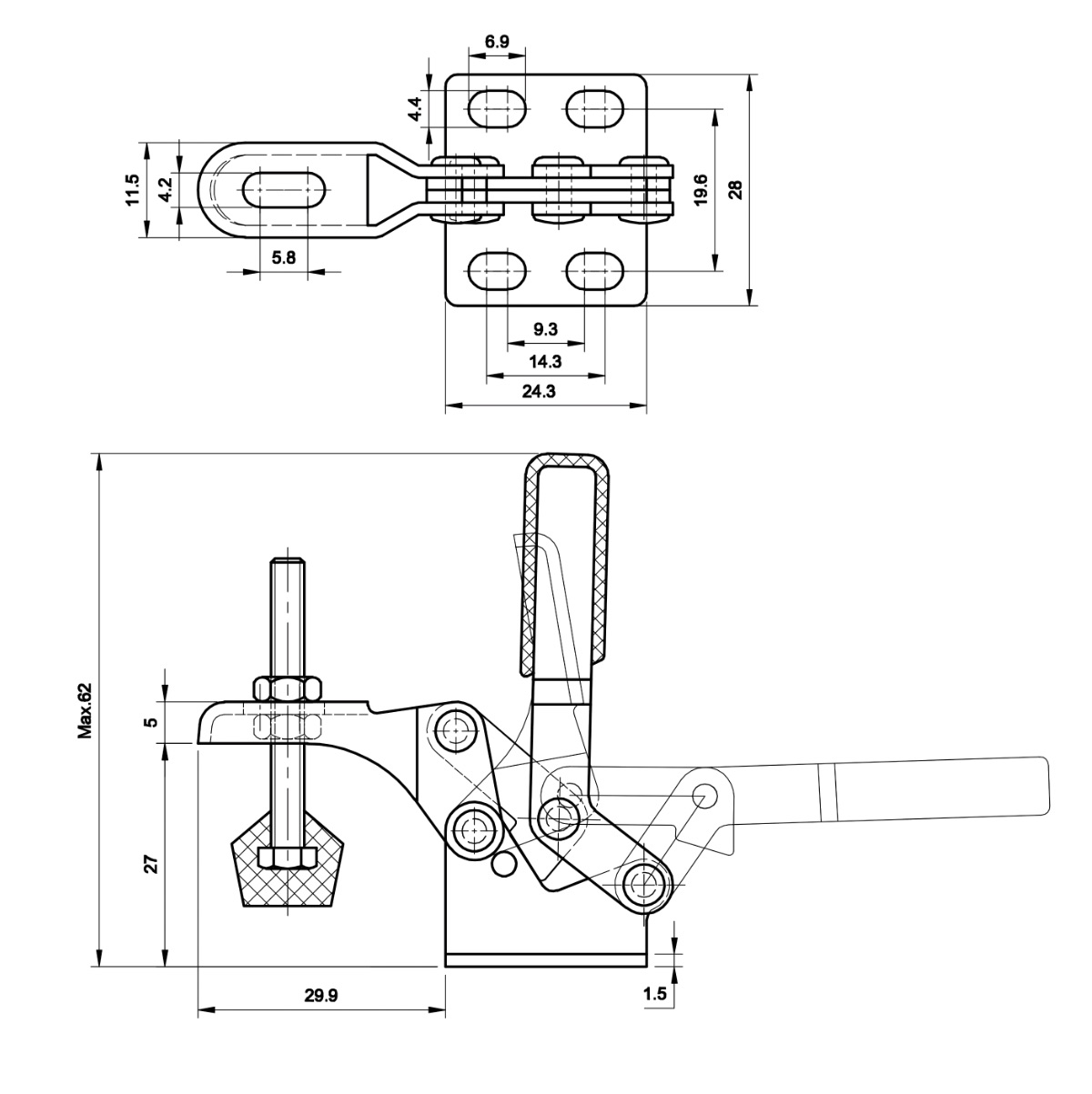 DST-13009 Technische Zeichnung Senkrechtspanner Vertikalspanner mit waagrechtem Fuss 300N