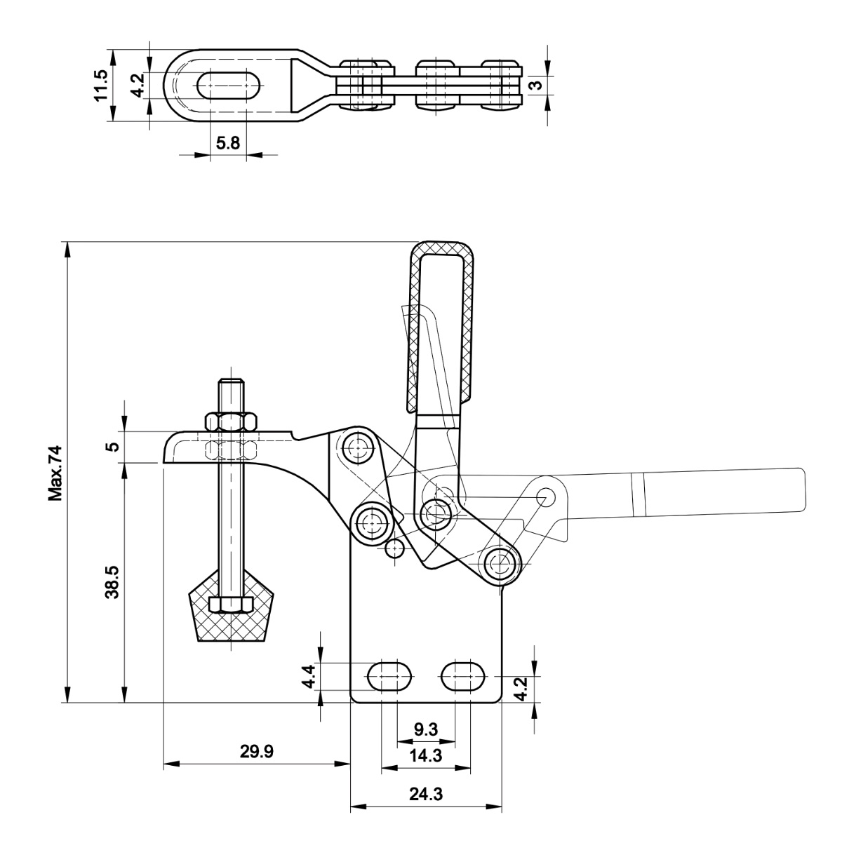 DST-14009 Technische Zeichnung Senkrechtspanner Vertikalspanner mit senkrechtem Fuss 300N