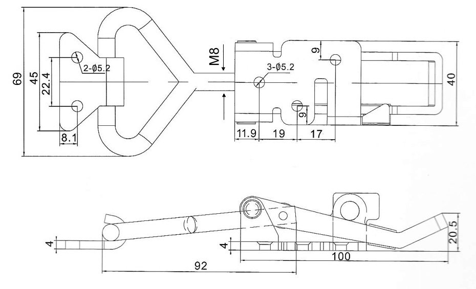 4003-S Technische Zeichnung Verschlussspanner einstellbar mit Schlossoese für Sicherung