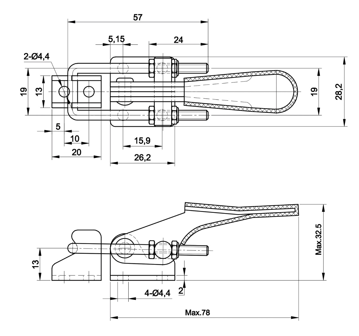 DST-40323-SS Datasheet Latch type toggle clamp with horizomtal U-hook, STAINLESS STEEL 1630N