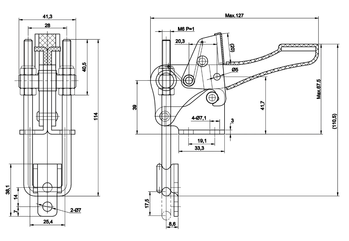 DST-40334-RSS Technical Drawing Latch type toggle clamp with vertical U-hook and safety lock, stainless steel