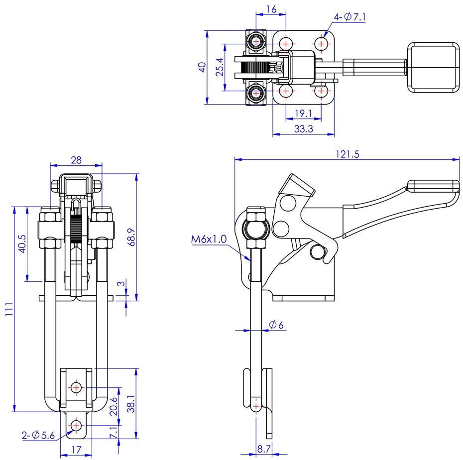 DST-40334-R Technical Drawing Latch type toggle clamp with vertical U-hook and safety lock