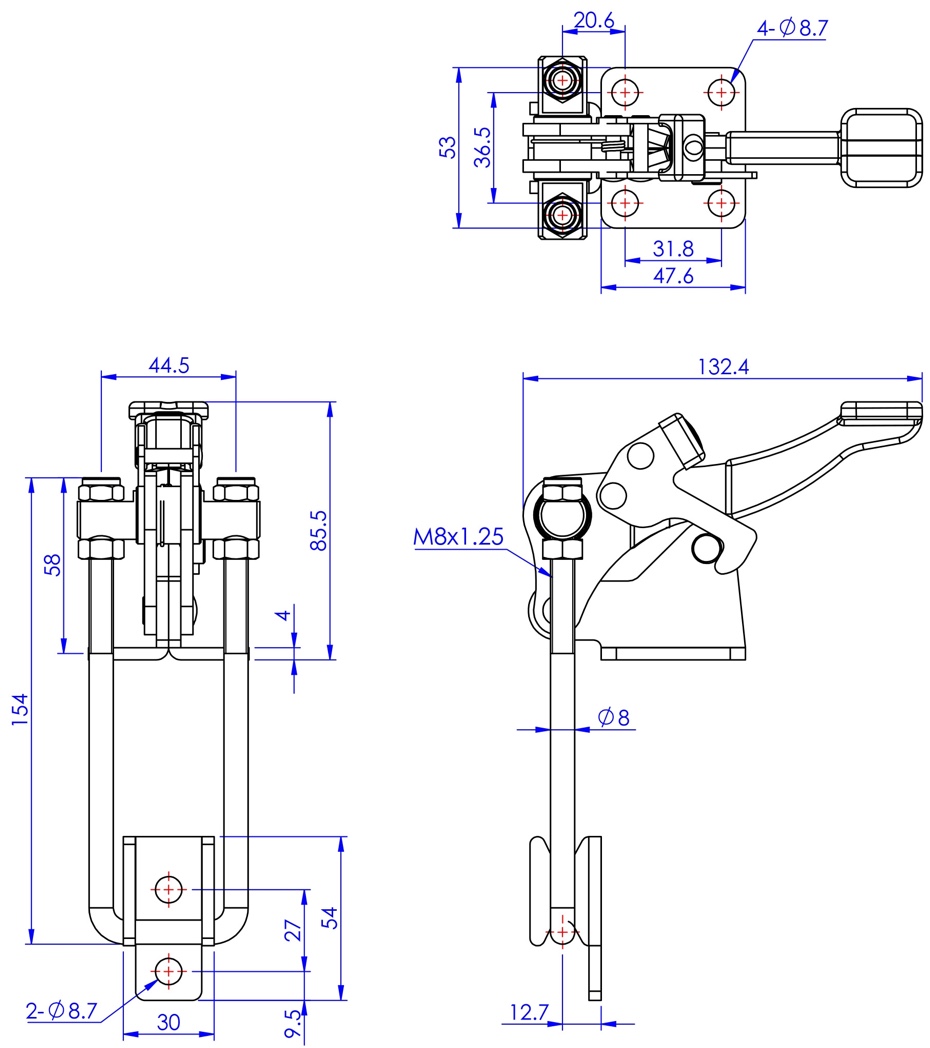 DST-40344 Technical Drawing Latch type toggle clamp with vertical U-hook and safety lock