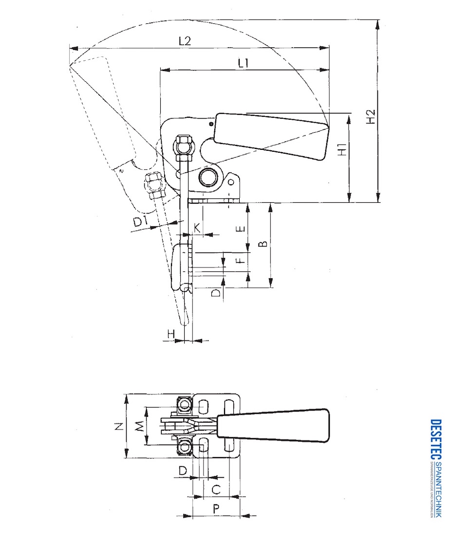 M40D Technical Drawing Hook type toggle clamp with vertical base