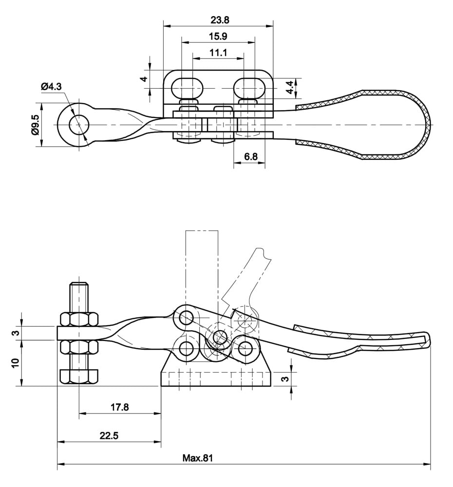 DST-201-AR Datasheet Horizontal acting toggle clamp with right flanged base 270N
