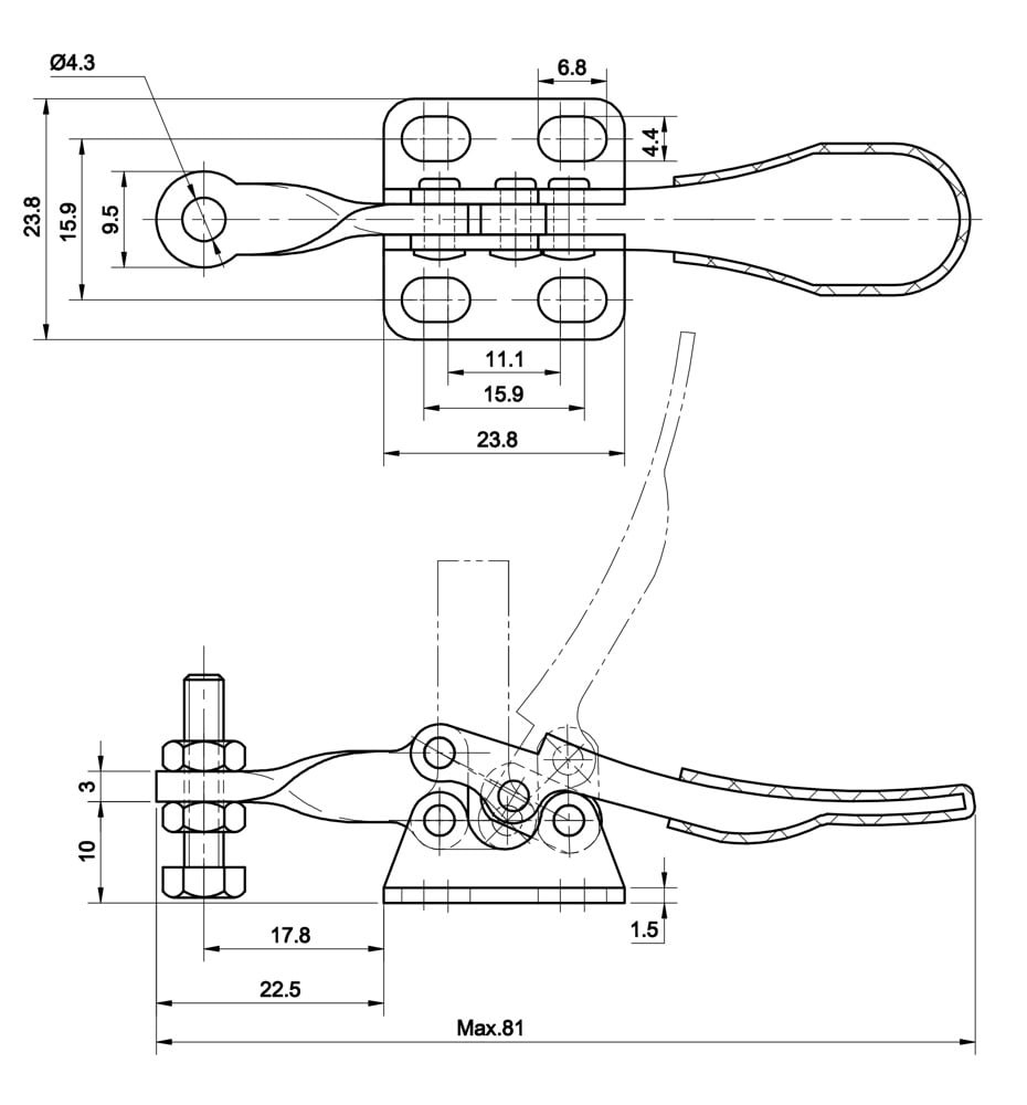 DST-201-A Datasheet Horizontal acting toggle clamp with horizontal mounting base 270N