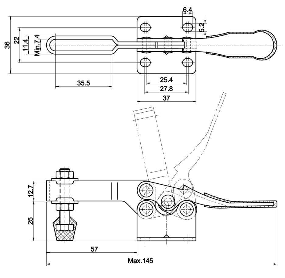 DST-201-BSS Datasheet Horizontal acting toggle clamp with horizontal mounting base 900N-STAINLESS STEEL