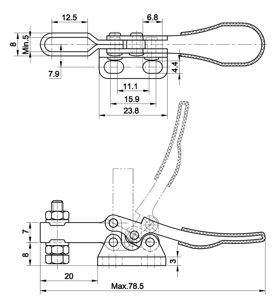 DST-201-AL Datasheet Horizontal acting toggle clamp with left flanged base 270N
