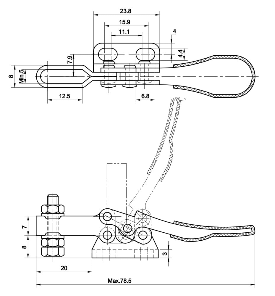 DST-201-AR Datasheet Horizontal acting toggle clamp with right flanged base 270N