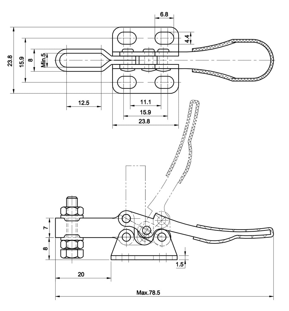 DST-201 Datasheet  Horizontal acting toggle clamp with horizontal mounting base 270N