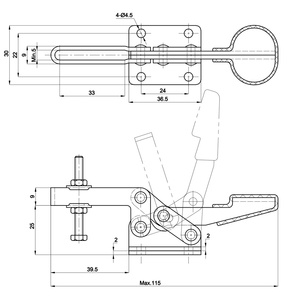 DST-20300 Technische Zeichnung Waagrechtspanner mit waagrechtem Fuss 300N