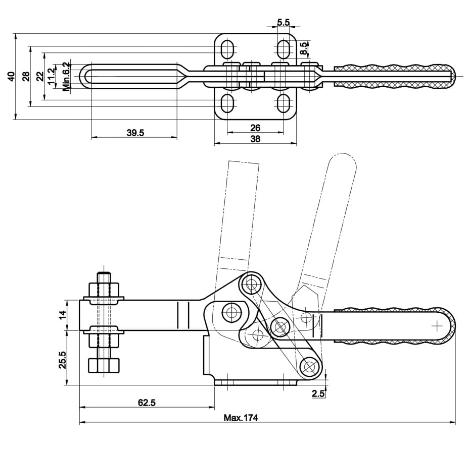 DST-21502-BSS Datasheet Horizontal acting toggle clamp with horizontal mounting base 1500N-STAINLESS STEEL