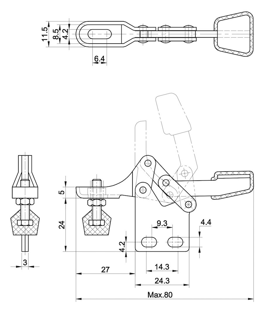 DST-21800 Technische Zeichnung Waagrechtspanner mit senkrechtem Fuss 300N