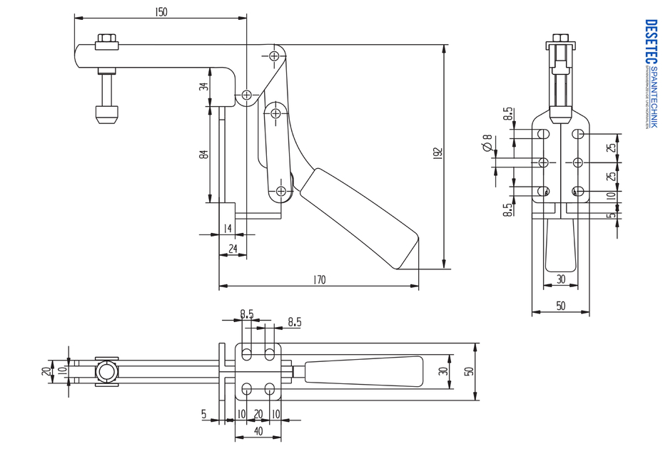M25 Technical Drawing/Dimension table Horizontal toggle clamp with angle base and open clamping arm